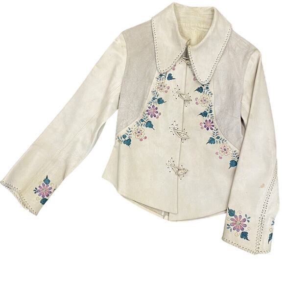 Vintage 1970s Tan Leather & Suede Hand Painted Leather Jacket S